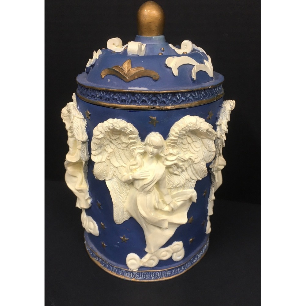 Jar With Lid Blue and White Cherubs Angels Resin Decorative